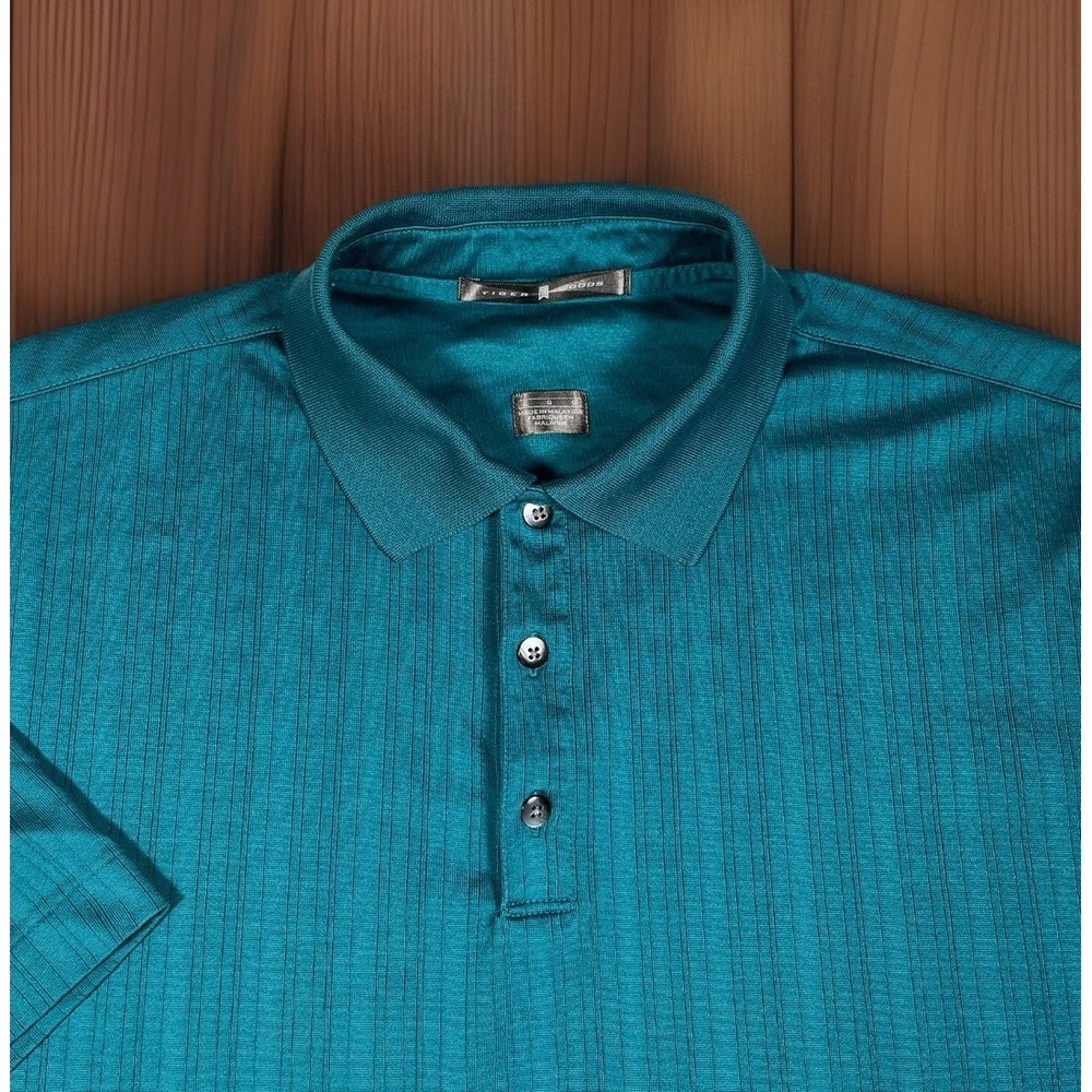 Nike Dri-FIT Tiger Woods Golf Polo Shirt Mens L Teal Jacquard Striped Collared